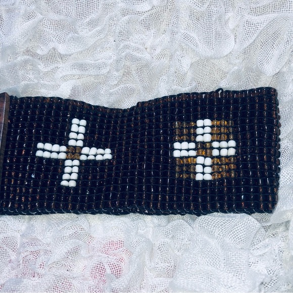 Brown and White Beaded Belt with Wooden Buckle 32” by 2 1/2”, stretchy. Used - Picture 2 of 6